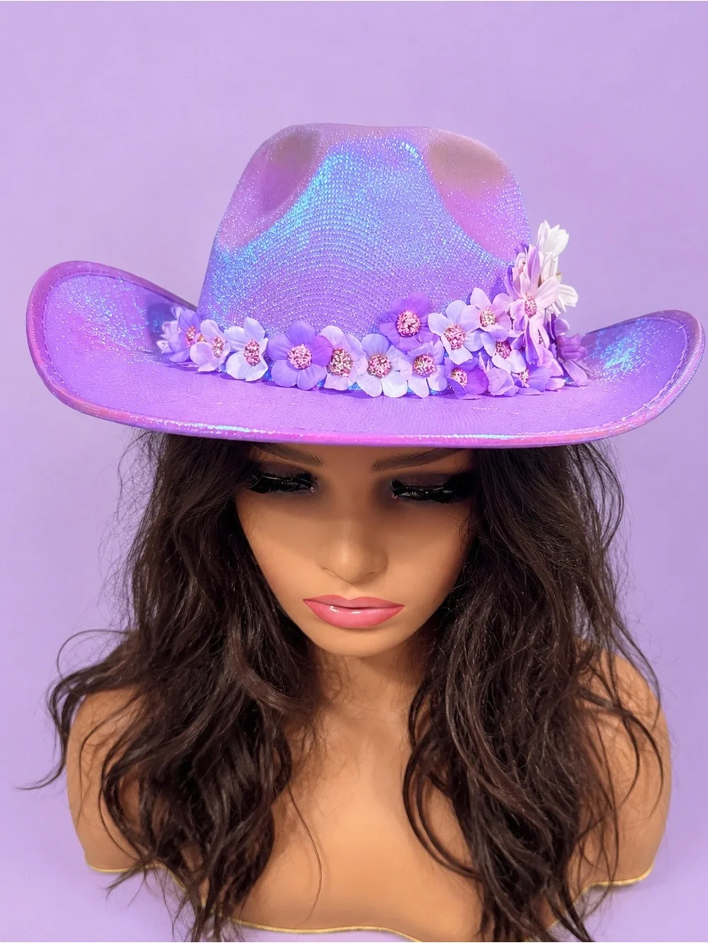 Iridescent Purple Cowboy Hat with Handmade Floral Hat Band